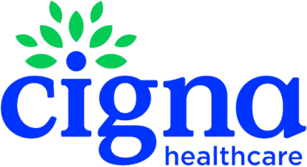 Cigna Healthcare logo: green leaf graphic above the blue wordmark 'Cigna' with 'healthcare' in smaller text.