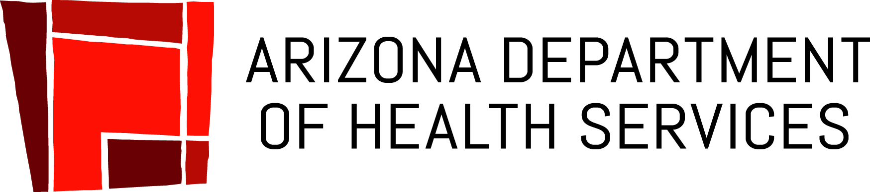 Arizona Department of Health Services logo: red mosaic block on the left with bold black text on the right.