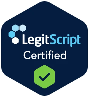 LegitScript Certified badge with a green checkmark on a dark blue hex badge.